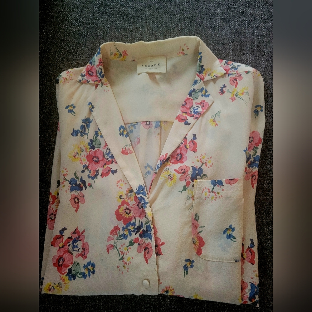 Sezane 100% Silk Floral Button-Up Shirt Fr 34